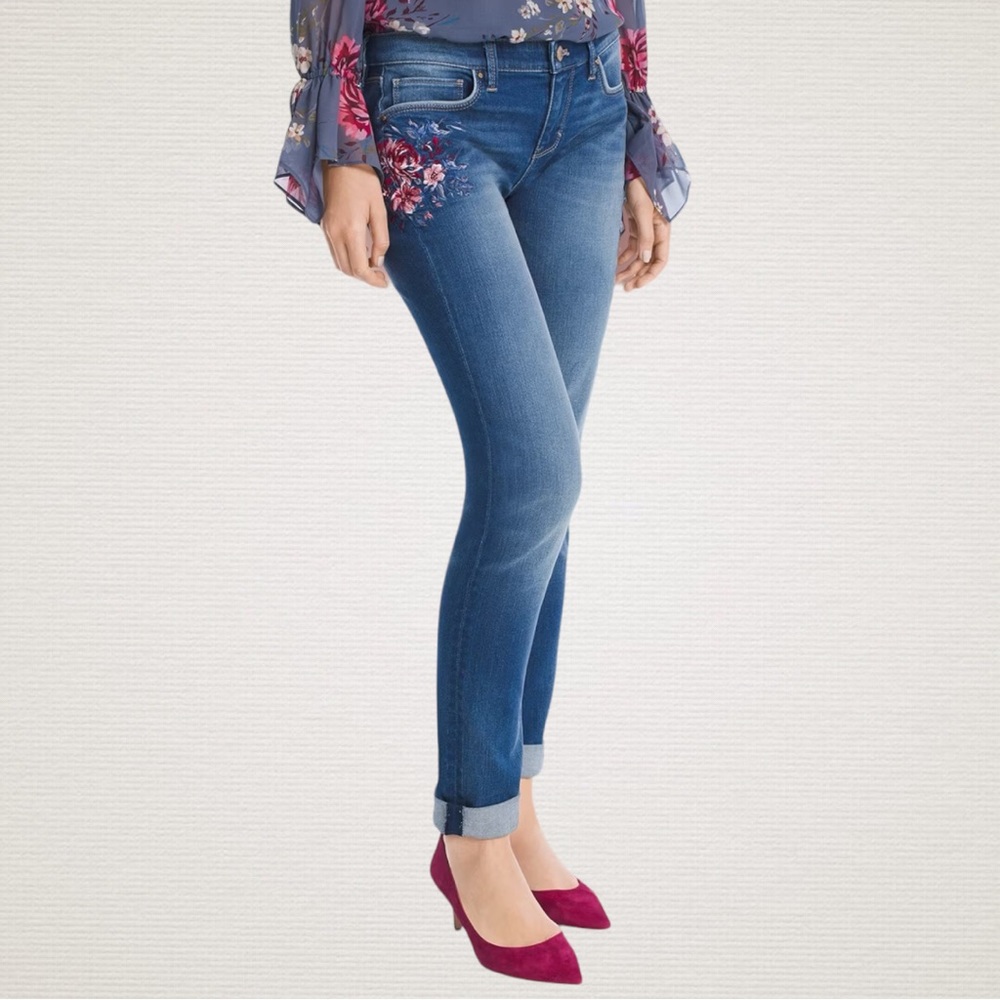 Floral Embroidered White House Black Market, WHBM Girlfriend Jeans, Size 6